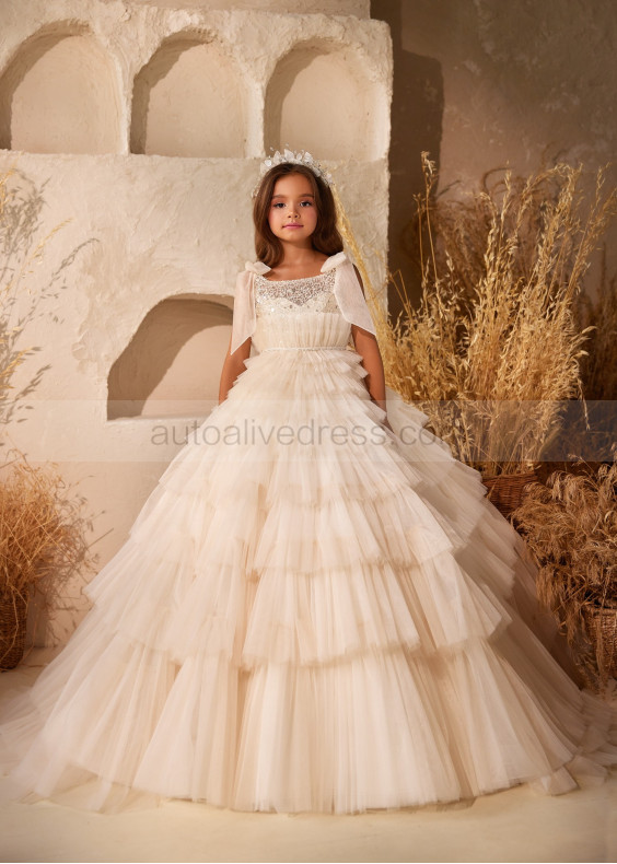 Beaded Lace Tulle Ruffled Flower Girl Dress Beaded Lace Tulle Ruffled Flower Girl Dress